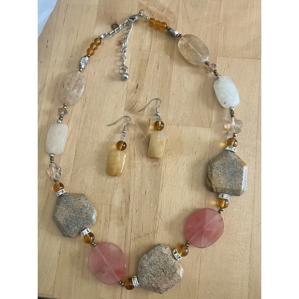 Natural Gemstone Pink Agate Jasper Quartz Necklace Earrings Set 20-23